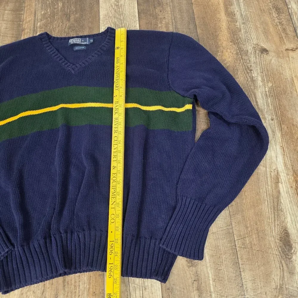 Polo Ralph Lauren Vintage Rugby Stripe V-Neck Sweater Navy Green Cotton XL